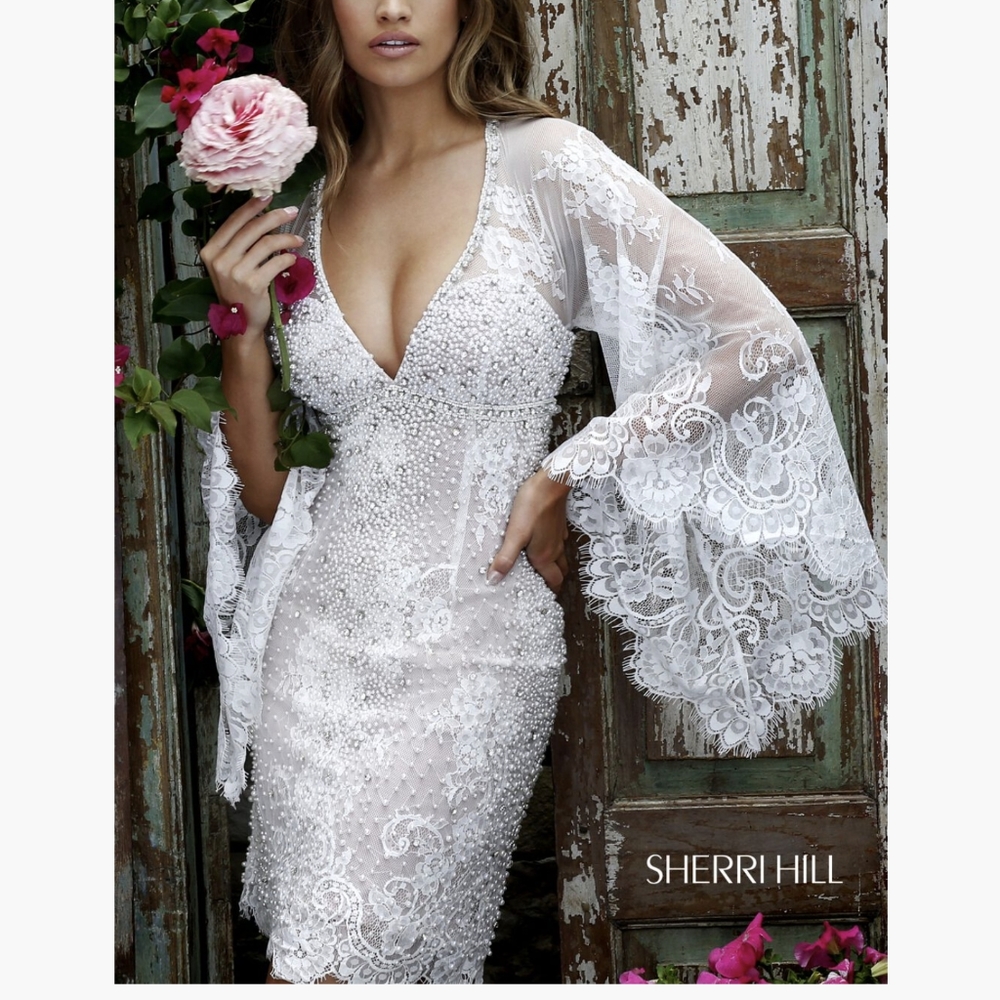 Sherri Hill Boho lace bell sleeve short formal dress